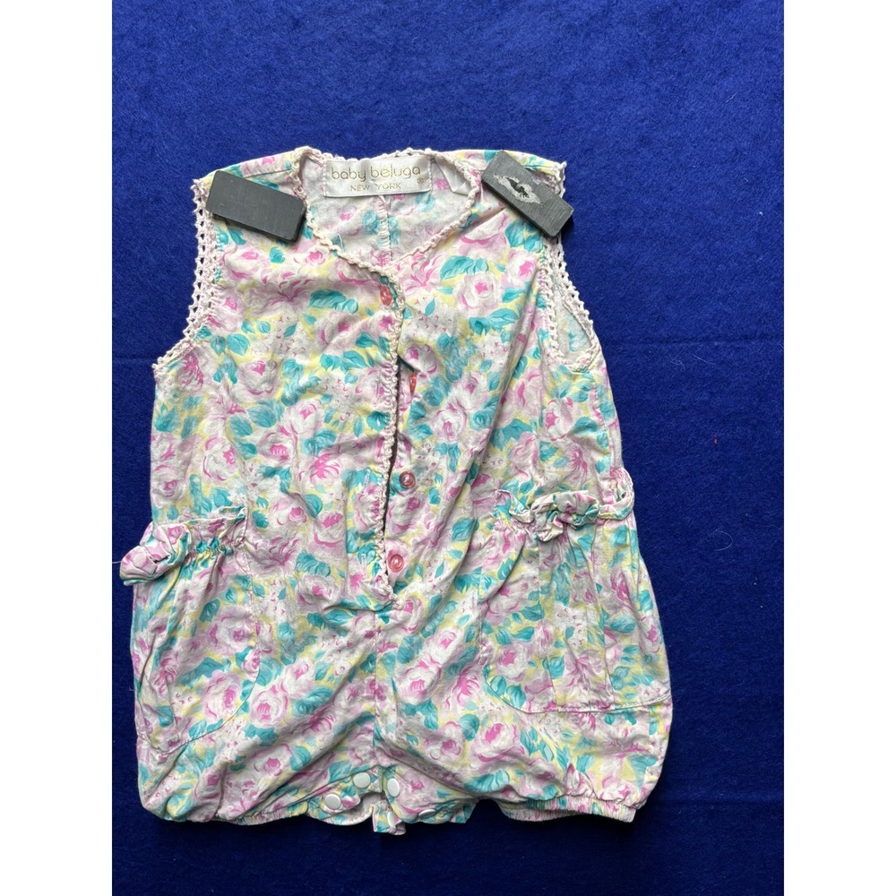 Cottagecore Baby Baby Beluga Floral Bubble Romper 6-9M Pink Blue Cotton‎